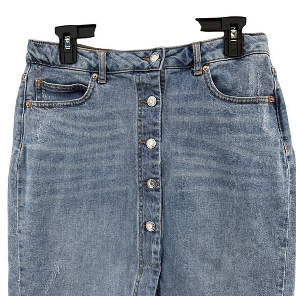 Wild Fable Jean Skirt SZ 10 Medium Acid Wash Denim Distressed Stretch Front Slit - Picture 2 of 6